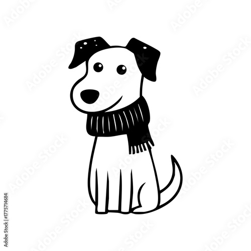 Playful dog wearing a cozy scarf, representing winter warmth, holiday spirit, and companionship during the cold season.