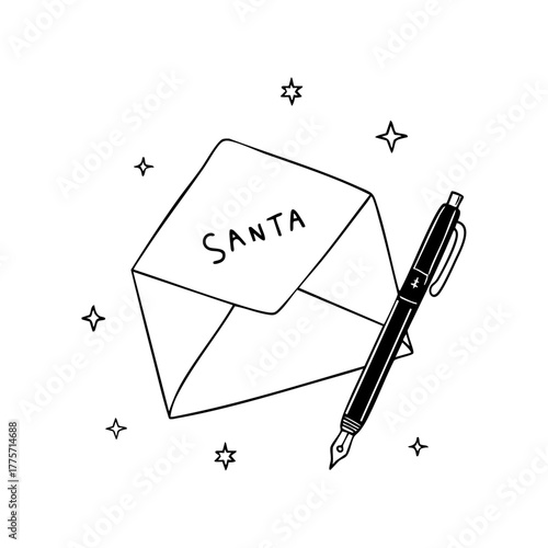 Envelope addressed to Santa with a pen, capturing the excitement of writing Christmas wishes and holiday anticipation.