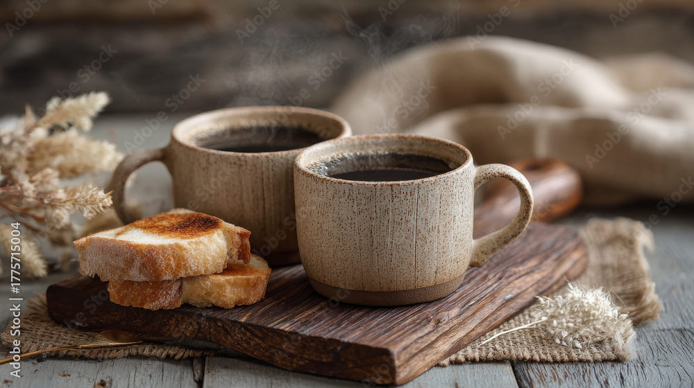 Fototapeta premium Warm rustic breakfast scene with coffee mugs and toast on a wooden board in cozy morning light
