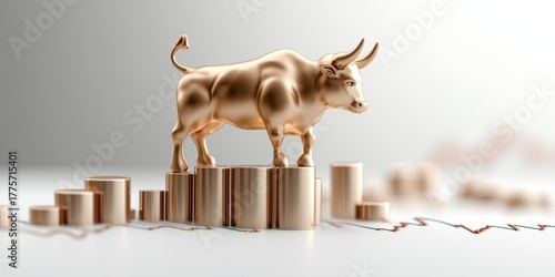 Golden bull statue on rising stock chart three dimensional financial growth concept