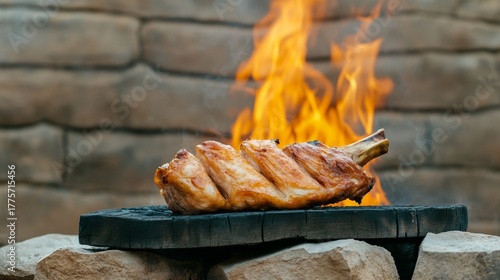 Rustic outdoor scene featuring a whole roasted goat over an open fire with crispy golden skin and smoky aroma
