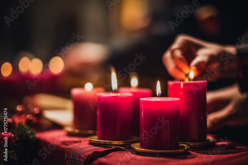 Lighting Advent candles together, weekly tradition, solemn beautiful moment, religious significance