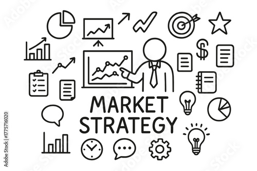 Market Strategy Doodle. Market strategy. Hand-drawn doodle illustration of market strategy. In the middle, one