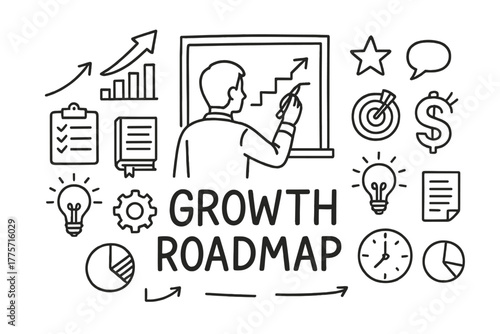 Growth Roadmap Doodle. Growth roadmap. Hand-drawn doodle illustration of growth roadmap. In the middle, one