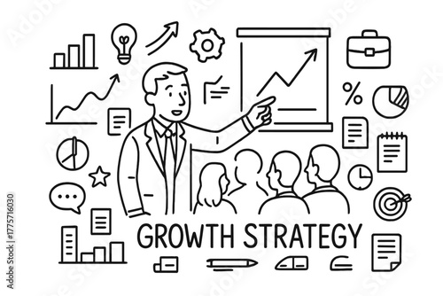 Business Strategy Doodle. A business consultant giving advice to a company on growth strategies. Hand-drawn