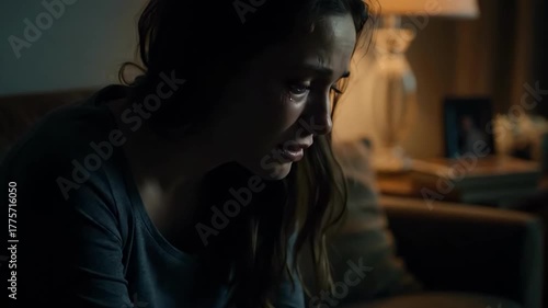 A young womans emotional distress, crying in a dimly lit room, feeling overwhelmed and sad.