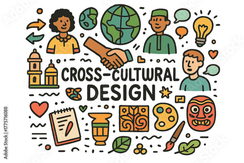 Cross-Cultural Creativity. Cross-Cultural Design. Hand-drawn doodle illustration of cross-cultural design.