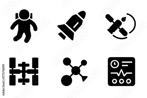 Microgravity Research Icons. Microgravity research. Filled icon set of microgravity research: astronaut,