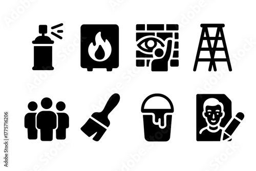 Street Art Icons. Street creativity. Filled icon set of street creativity: spray can, stencil, mural wall,