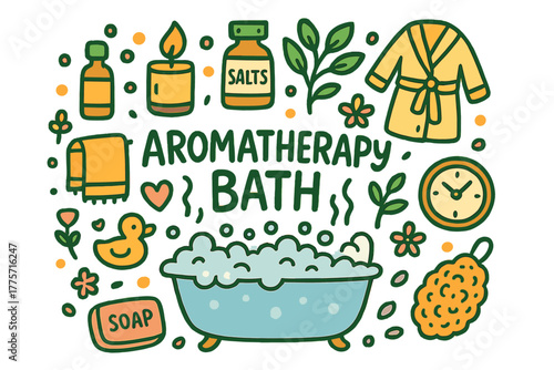 Aromatherapy Bath Doodle. Aromatherapy Bath. Hand-drawn doodle illustration of aromatherapy bath. Bathtub,