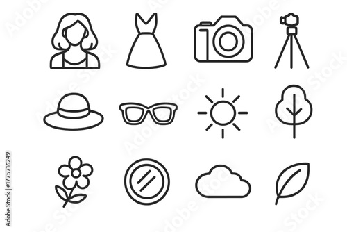 Stylish Outdoor Icons. Stylish outdoor portraits. Line outline icon set of stylish outdoor portraits: model,