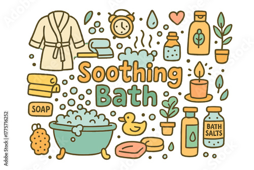 Relaxing Bath Time. Soothing Bath. Hand-drawn doodle illustration of soothing bath. Bathtub, bubbles, towel,