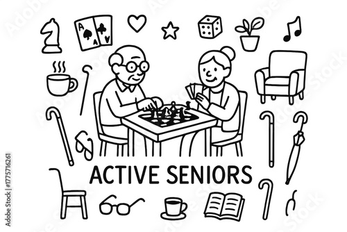 Active Seniors Doodle. Active seniors. Hand-drawn doodle illustration of active seniors. In the middle, one