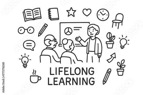 Lifelong Learning Doodles. Learning activities. Hand-drawn doodle illustration of learning activities. In the
