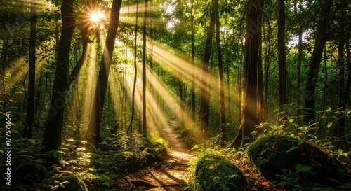 Golden sunbeams pierce lush green forest canopy creating a magical ethereal light spectacle