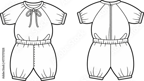 Baby romper front and back view, short sleeve infant outfit, elastic waist design, fashion sketch, vector template, garment illustration