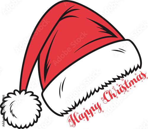 Red Santa hat with fur trim pom with Happy Christmas text holiday