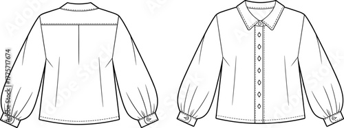 Fashion blouse technical sketch, front and back view, button-down shirt, voluminous sleeves, pleated cuff, garment design, flat illustration