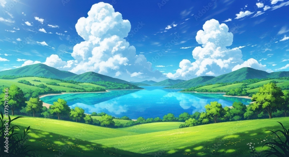 Fototapeta premium Vibrant anime landscape with serene lake mountains green hills blue sky and fluffy clouds