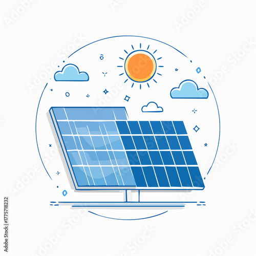 Single solar panel angled towards a bright sun with stylized clouds and decorative elements in a circular frame Keywords: solar panel, solar energy, renewable energy, sun, sky, clouds, decorative