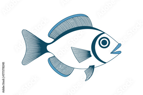A stylized illustration of a single fish with blue fins and markings on a white background.