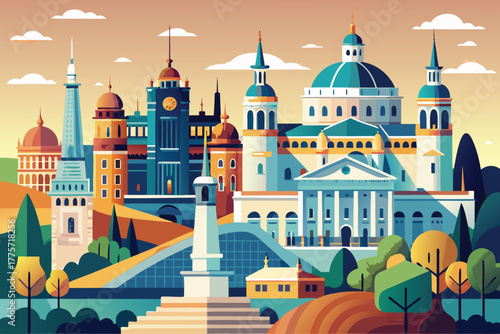 Madrid view. Landskape and attractions. Vector illustration.