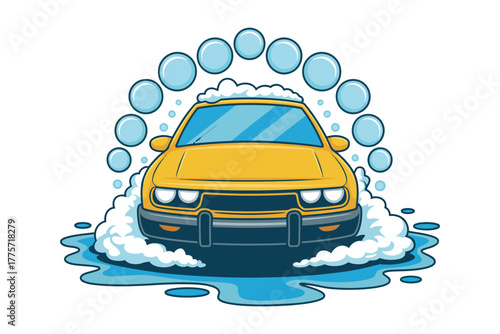 A bright yellow car is being washed with soap and water, surrounded by bubbles.