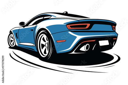 A sleek blue sports car with racing stripes is depicted from a rear-view perspective.