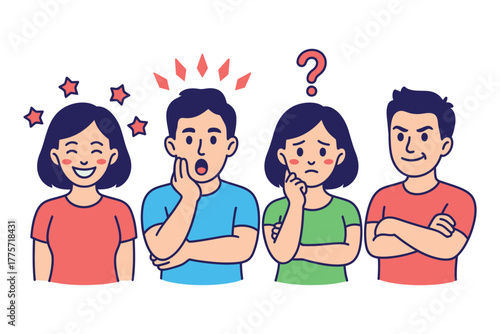 Four individuals express a range of emotions and reactions, including happiness, surprise, confusion, and confidence.
