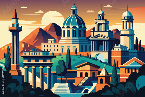 Rome view. Landskape and attractions. Vector illustration.