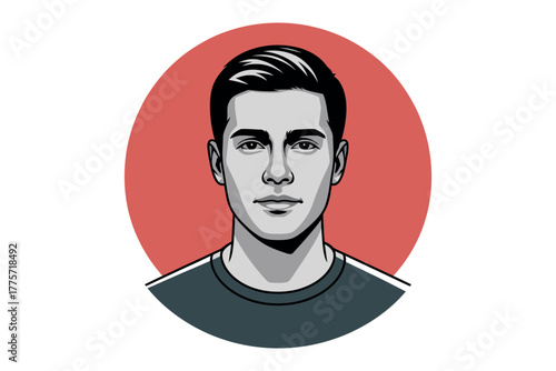 An illustration of a young man's face within a red circle on a white background.