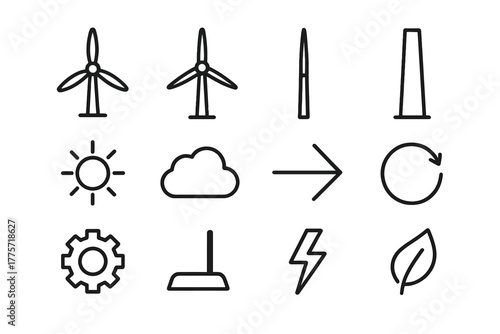 Wind Energy Icons. Wind energy icons. Line outline icon set of wind energy icons: windmill, turbine, blade,
