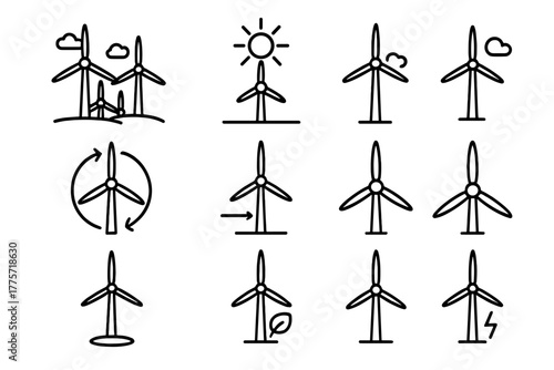 Wind Farm Icons. Wind farm. Line outline icon set of wind farm: multiple windmills, blades, towers, clouds,