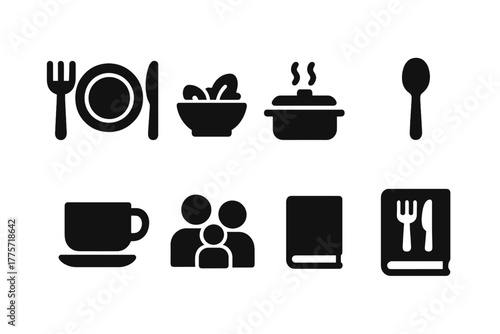 Family Meal Planning Icons. Family meal planning. Filled icon set of family meal planning: dinner plate, fork