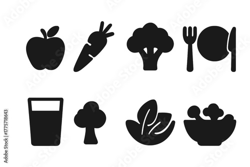 Healthy Eating Icons. Healthy eating. Filled icon set of healthy eating: apple, carrot, broccoli, plate, fork,