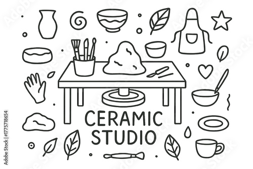 Ceramic Studio Doodles. Ceramic art studio. Hand-drawn doodle illustration of ceramic art studio. In the