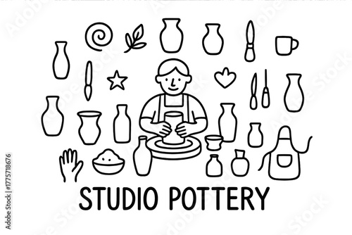 Doodle Studio Pottery. Studio pottery. Hand-drawn doodle illustration of studio pottery. In the middle, one