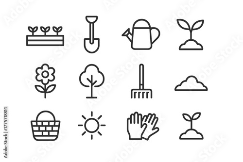 Backyard Gardening Icons. Backyard gardening. Line outline icon set of backyard gardening: garden bed, shovel,
