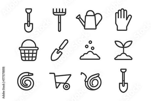 Gardening Tools Icons. Gardening tools. Line outline icon set of gardening tools: shovel, rake, watering can,