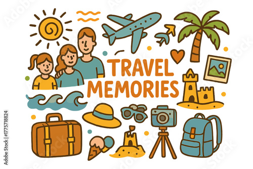 Travel Doodle Memories. Travel Memories. Hand-drawn doodle illustration of travel memories. Family, suitcase,
