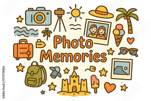 Doodled Photo Memories. Photo Memories. Hand-drawn doodle illustration of photo memories. Camera, tripod,