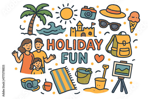 Holiday Fun Doodles. Holiday Fun. Hand-drawn doodle illustration of holiday fun. Family, waves, sun,