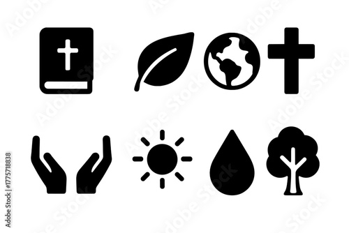 Green Theology Icons. Green theology. Filled icon set of green theology: Bible, leaf, earth, cross, hands, sun