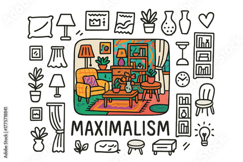 Maximalist Doodle Illustration. Maximalism. Hand-drawn doodle illustration of maximalism. In the middle, one