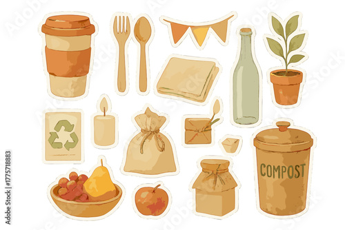 Sustainable Celebration Stickers. Waste-free events and sustainable celebrations. Realistic hand-painted