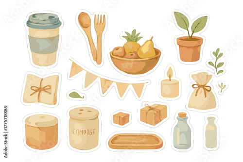 Eco-Friendly Celebration Stickers. Minimal waste celebration. Realistic hand-painted watercolor style sticker