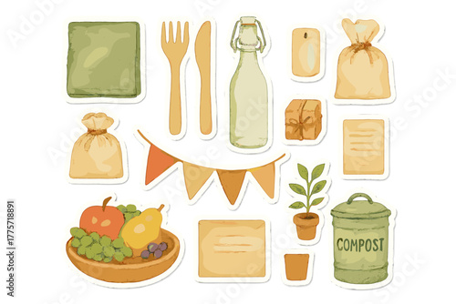 Reusable Party Stickers. Reusable party kit. Realistic hand-painted watercolor style sticker sheet of reusable