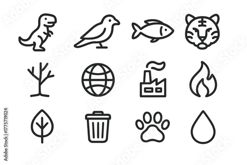 Species Extinction Icons. Species extinction. Line outline icon set of species extinction: dinosaur, bird,