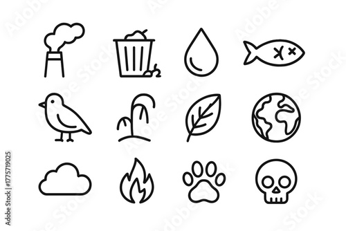 Pollution Icon Set. Pollution effects. Line outline icon set of pollution effects: smoke stack, trash, water