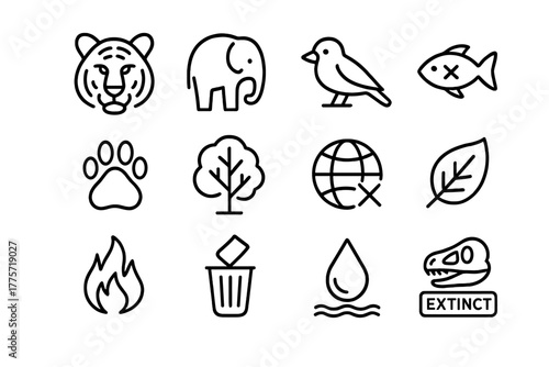 Wildlife Decline Icons. Wildlife decline. Line outline icon set of wildlife decline: tiger, elephant, bird,